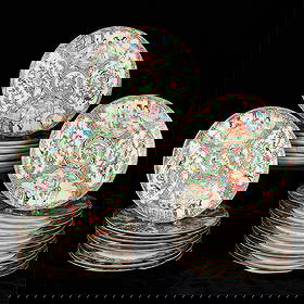 Set 32 19th c. Chinese Rose Mandarin Lunch Plates: Set of 32 Chinese famille rose mandarin porcelain salad or lunch plates, 19th century. Decorated with gilt and polychrome depictions of birds, with figural and floral motifs throughout.Diameter ranges