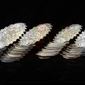 32 19th c. Chinese Famille Rose Dessert Plates: Group of 32 Chinese famille rose mandarin porcelain dessert or appetizer plates, 19th century. Each decorated with intricate polychrome figural and foliate motifs throughout.Diameter ranges from 5 1/2
