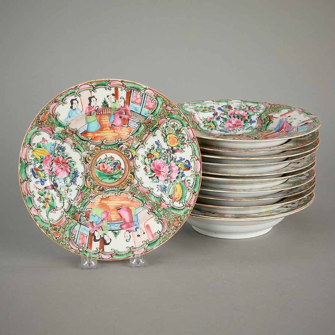 Set 12 19th c. Chinese Famille Rose Mandarin Bowls: Set of 12 Chinese famille rose Mandarin porcelain medallion soup bowls, 19th century. Decorated with cartouches depicting figural and foliate motifs. (Each) Height: 1 3/4 in x diameter: 8 1/2 in.