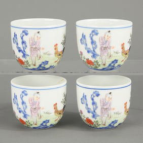 4 Chinese Famille Rose Porcelain Chicken Cups
