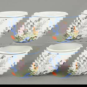 4 Chinese Famille Rose Porcelain Chicken Cups: Set of four Chinese famille rose porcelain chicken cups, Republic period, 20th century. Each cup depicting a boy, likely Jia Chang, with rooster amid a landscape populated by blooming floral forms. Th