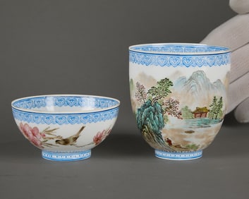 2 Chinese Eggshell Porcelain Famille Rose Cups