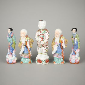 5 Chinese Famille Rose & Verte Porcelain Figurines
