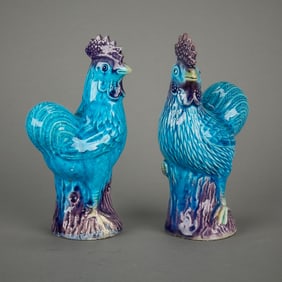 2 Chinese Qing Porcelain Rooster Figurines