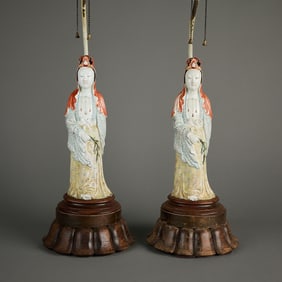Pair Chinese PRC Porcelain Guanyin Figural Lamps