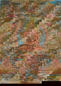 Tibetan Tsongkhapa Thangka: A Tibetan thangka of Tsongkhapa, ca. 15th century. Remnants of silk brocading across the bottom. Seed syllables on reverse corresponding to deities along the front.Sight; height: 15 1/2 in x width: 11