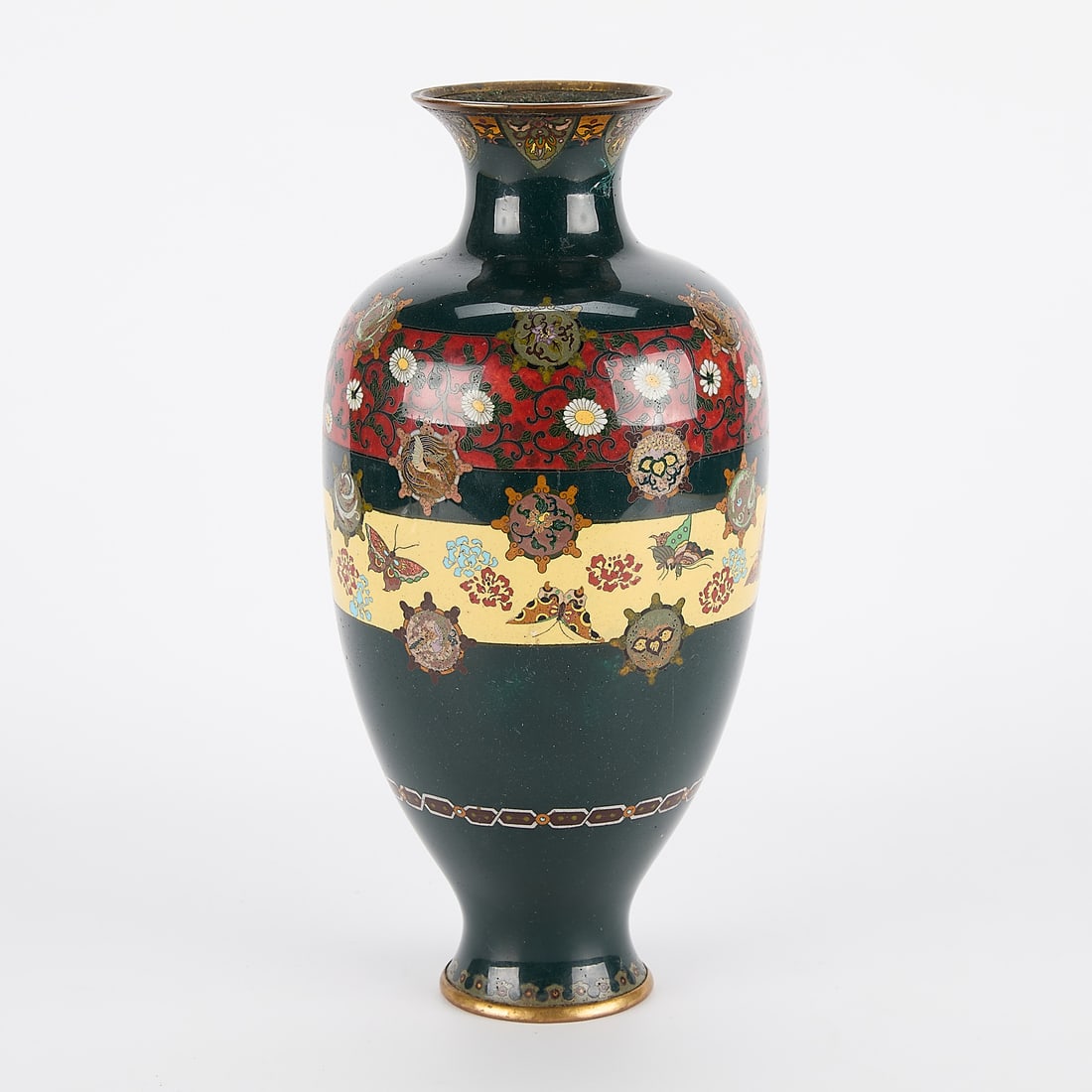 20th c. Japanese Meiji Cloisonne Baluster Vase: Japanese cloisonne vase of baluster form, Meiji period, 19th-20th century. Depicting enameled butterflies, floral motifs, and medallions against a band of yellow and red on black ground.Height: 12 1/2