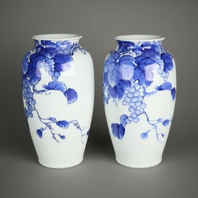Pr Japanese Blue & White Porcelain Vases