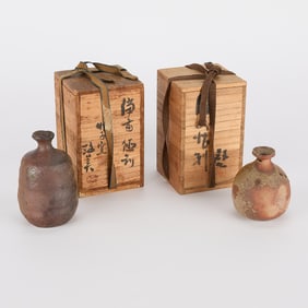 2 Japanese Bizenware Studio Pottery Sake Bottles