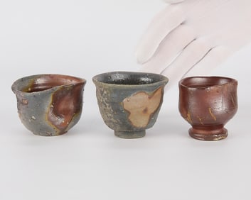 3 Japanese Studio Pottery Bizen Guinomi Sake Cups