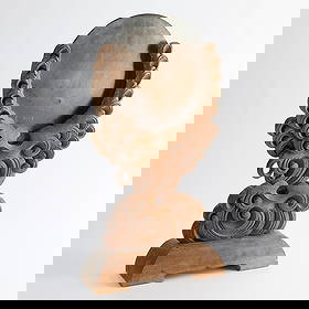 Japanese Shinto Bronze Kagami Shrine Altar Mirror: Japanese Shinto bronze kagami shrine altar mirror with elaborately carved wooden stand.Height: 24 in x width: 14 in x depth: 5 in.