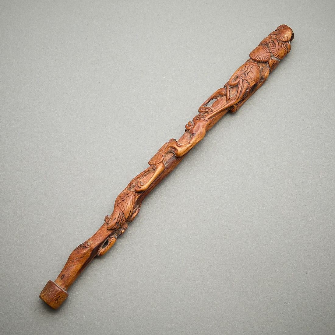 Japanese Crane & Tree Carved Tamper: Japanese carved wooden tamper in the form of trees and cranes, Edo period. Length: 8 in x diameter: 1/2 in.