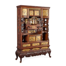 Meiji Japanese Shibayama Inlaid Wood Cabinet