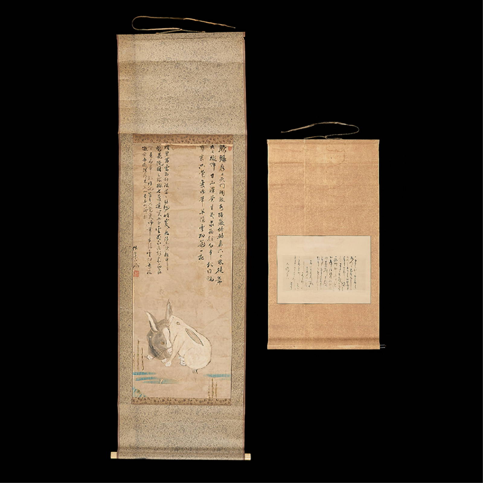 2 Japanese Scroll Paintings - Callig. & Rabbits
