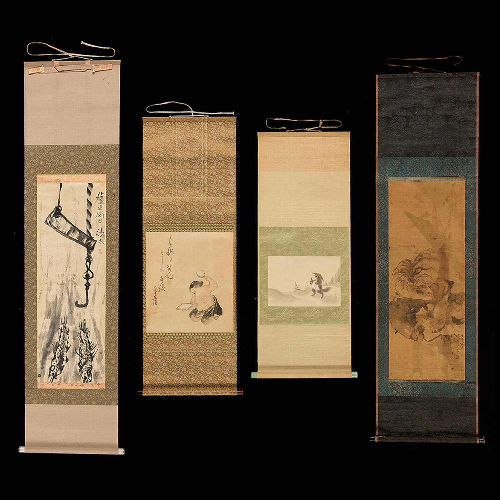 4 Antique Japanese Scroll Paintings