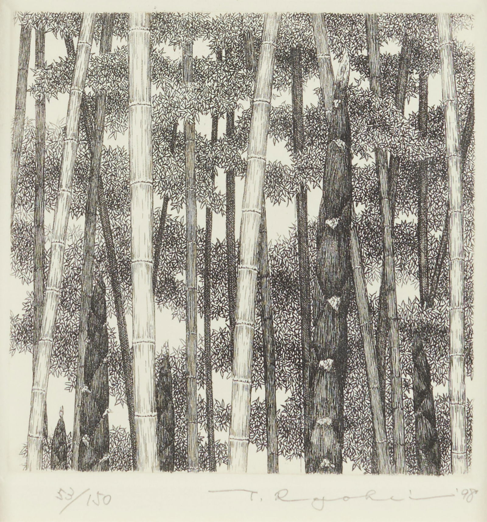 Ryohei Tanaka Bamboo Forest Etching 1998: Ryohei Tanaka (Japanese, 1933-2019). Etching on paper depicting a bamboo forest, 1998. Pencil signed, dated, and numbered 53/150 along the lower margin.Sight; height: 4 3/4 in x width: 4 3/4 in. Frame