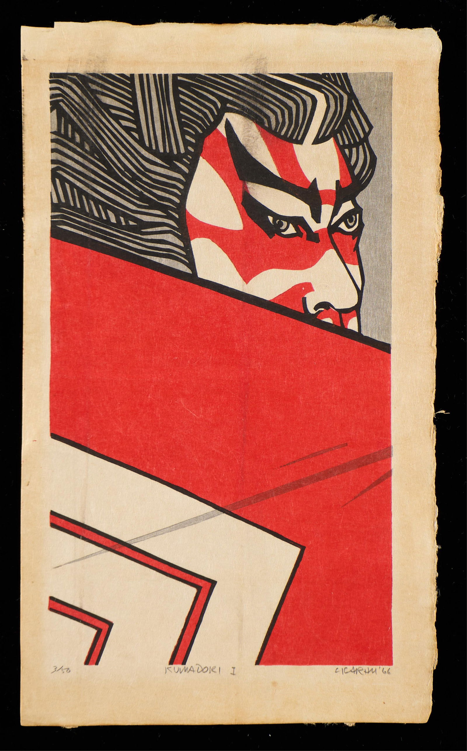 Clifton Karhu "Kumadori I" Woodblock Print: Clifton Karhu (American/Japanese, 1927-2007). Woodblock print on paper titled "Kumadori I," 1966. Pencil signed, titled, dated, and numbered 3/50 along the lower margin.Height: 15 1/2 in x width: 9 1/