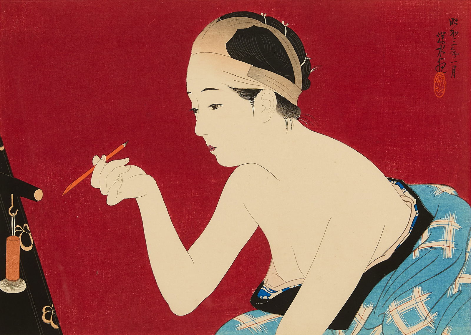 Ito Shinsui "The Eyebrow Pencil" Woodblock Print (1 of 4)