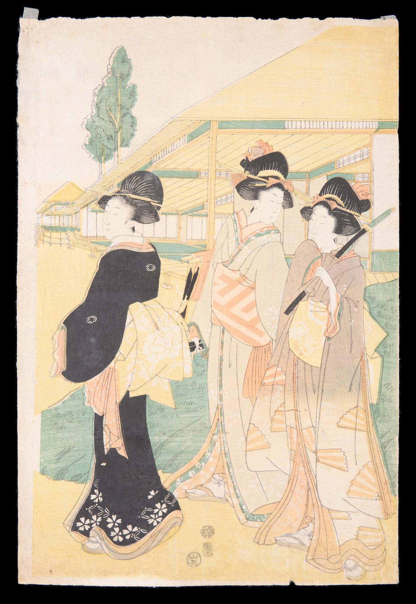 Kitagawa Utamaro II Three Beauties Woodblock: Kitagawa Utamaro II (Japanese, 1789-1831). Woodblock print depicting three beauties walking,Height: 15 1/2 in x width: 10 3/4 in.