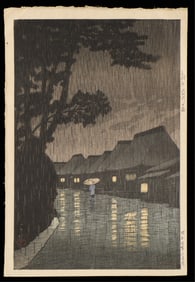 Hasui Kawase "Rain at Maekawa" Woodblock