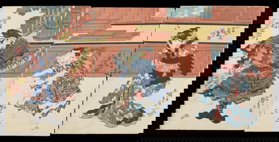 Kunisada "Kajiwara Kagetoki" Woodblock Triptych