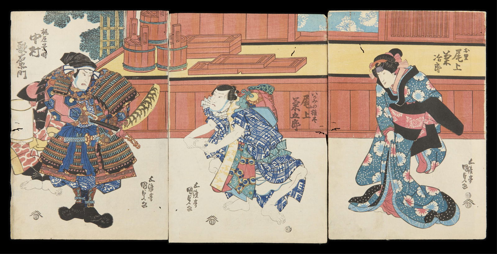 Kunisada "Kajiwara Kagetoki" Woodblock Triptych (1 of 3)