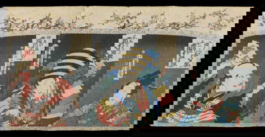 Kunisada Kabuki Theater Actors Print Triptych 1864