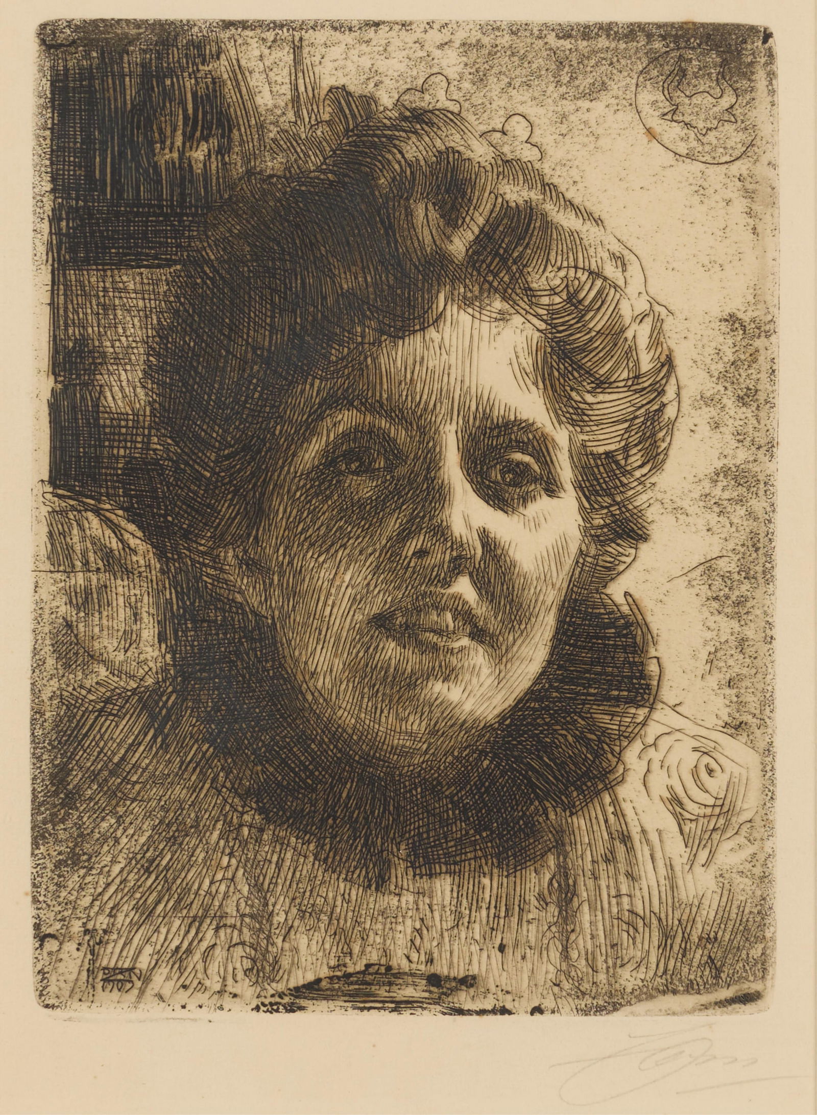 Anders Zorn "Aurore" Etching 1909: Anders Zorn (Swedish, 1860-1920). Etching on paper titled "Aurore," 1909. Pencil signed along the lower right; signed and dated in plate along the lower left. With two labels: one from Vern Carver Gal