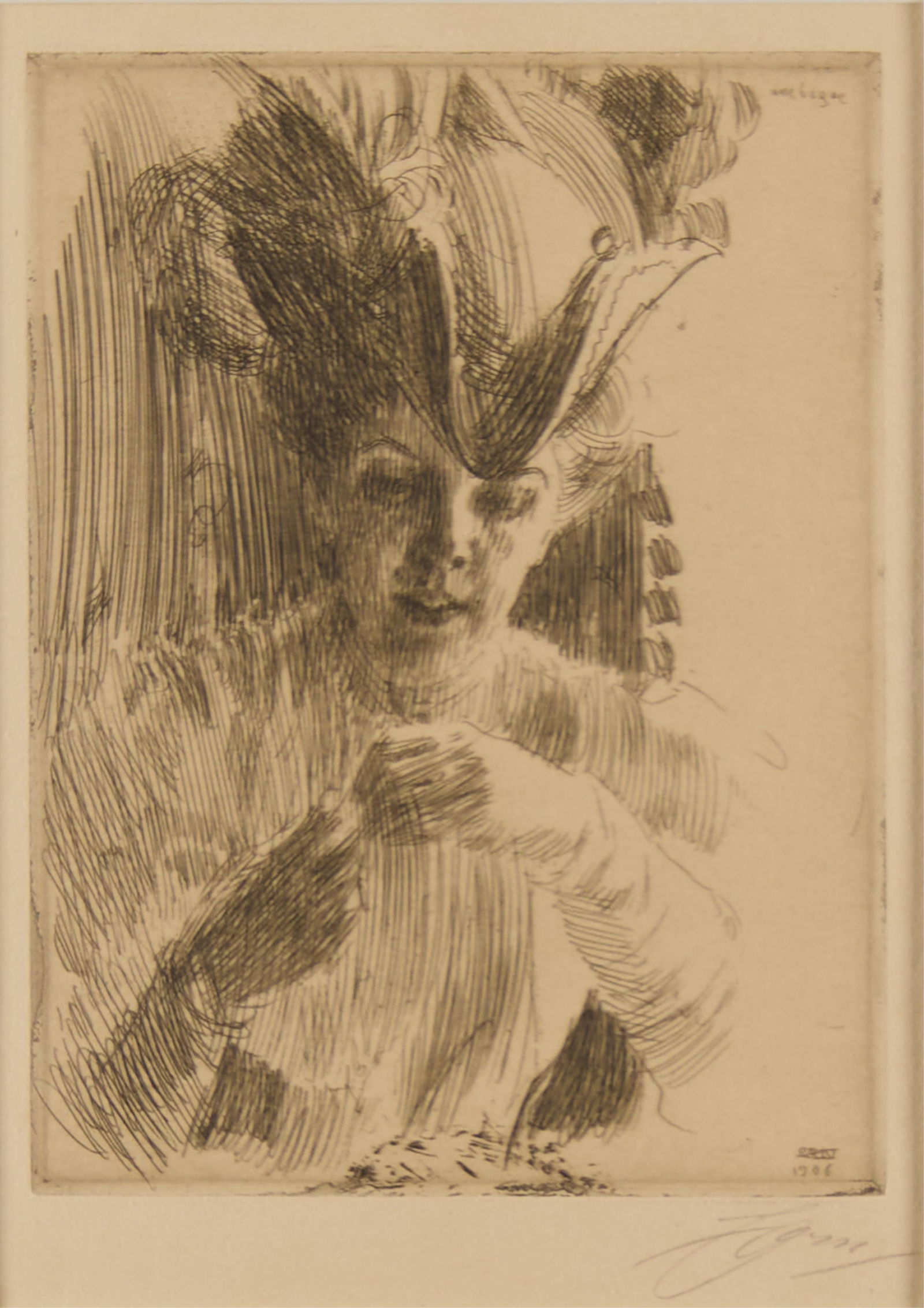 Anders Zorn "A Ring" Etching 1906: Anders Zorn (Swedish, 1860-1920). Etching on paper titled "A Ring," 1906. Pencil signed along the lower right. Signed and dated in plate along the lower right.Sheet; height: 15 in x width: 11 1/2 in.