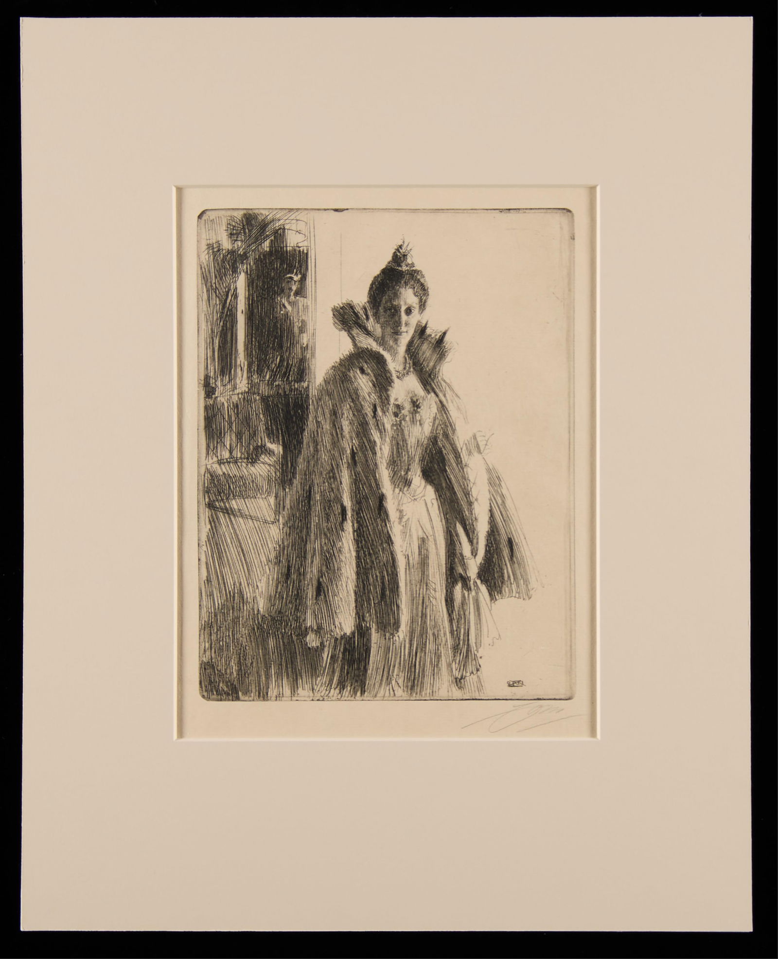 Anders Zorn "Princess Ingeborg of Sweden II" Print: Anders Zorn (Swedish, 1860-1920). Etching on paper titled "Princess Ingeborg of Sweden II," 1900. Pencil signed along the lower right.Sheet; height: 15 in x width: 11 1/2 in. Matted; height: 20 in x w