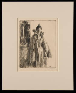 Anders Zorn "Princess Ingeborg of Sweden II" Print: Anders Zorn (Swedish, 1860-1920). Etching on paper titled "Princess Ingeborg of Sweden II," 1900. Pencil signed along the lower right. Sheet; height: 15 in x width: 11 1/2 in. Matted; height: 20 in x
