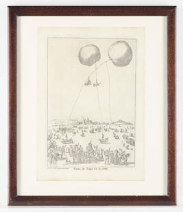 Isidro Carnicero "Fiesta de Toros...Aire" Etching: Isidro Carnicero (Spanish, 1736-1804). Etching on paper titled "Fiesta de Toros en el Aire (Bullfighting Festival in the Sky)," engraved in 1784. Depicting a scene of a bullfighter and a bull held