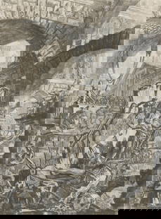 Giovanni Battista Piranesi "Man on the Rack" Print: Giovanni Battista Piranesi (Italian, 1720-1778). Etching on paper titled "The Man on the Rack," plate II from "Carceri d'Invenzione," ca. 1749. Chicago Fine Arts label along the verso. Sight; height: