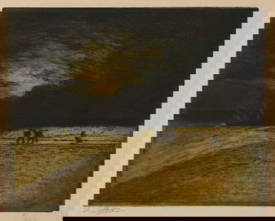 Charles Cottet "Les Pecheurs Fuyant L'Orage" Print: Charles Cottet (French, 1863-1925). Color etching and aquatint on paper titled "Les Pecheurs Fuyant L'Orage (Fishermen Fleeing the Storm)," 1905. Pencil signed and numbered 55/100 along the lower