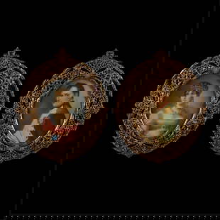 Pair Portrait Miniatures - Napoleon & Josephine: Pair of French miniature portrait paintings of Napoleon Bonaparte and Josephine de Beauharnais. Both signed along the edges. Each, height: 13 in x width: 11 in x depth: 1 1/2 in.