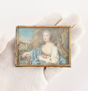 French Miniature Portrait of a Lady: French miniature portrait depicting a lady of rank with flowers and a blue cloth, possibly dressed as a nymph. Pencil inscription along the verso indicating the work was cleaned in 1979. Sight;