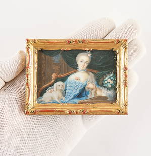 French Miniature Portrait of Madame de Pompadour: French miniature portrait of Madame de Pompadour with a small dog. In a rectangular gilt frame. Pencil inscription denoting the subject along the verso. Sight; height: 2 in x width: 3 in. Framed;