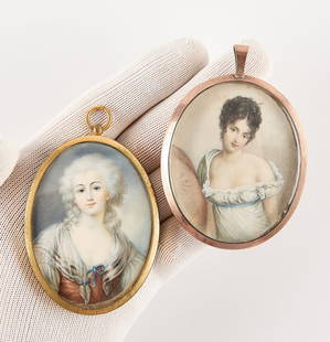 2 French Miniature Portrait Paintings: Group of two French miniature portraits in oval locket settings. One possibly depicting Marie Antoinette in working class clothing. The other depicting Madame de Montesson. (Young lady) Sight;