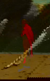 Leo Herrmann Portrait Painting: Leo Herrmann (French, 1853-1927). Oil on canvas painting depicting a gentleman in vibrant red. Signed along the lower left. Label from Arthur James Galleries along the verso. Provenance: Arthur