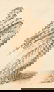 Michiel van Musscher Ink & Wash Portrait: Michiel van Musscher (Dutch, 1645-1705). Ink and brown wash on paper painting depicting a saint or philosopher, 1679. Signed and dated along the lower right, though it is likely that the signature