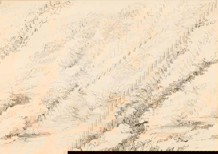 Attr. to Pietro Novelli Pen and Ink Drawing: Attributed Pietro Antonio Novelli (Italian, 1729-1804). Pen and ink drawing titled "Landscape with Satyrs and Goats." Provenance: Purchased in London, 1979; private Minnesota collection. Sight;