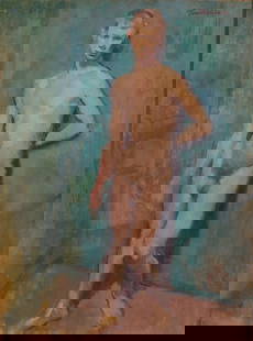 Vito Tomasello Male Nude Oil Painting: Vito Tomasello (American, 20th c). Oil on board painting of a nude male. Signed along the upper right. Sight; height: 23 3/4 in x width: 18 in. Framed; height: 28 1/2 in x width: 22 3/4 in x depth: 1