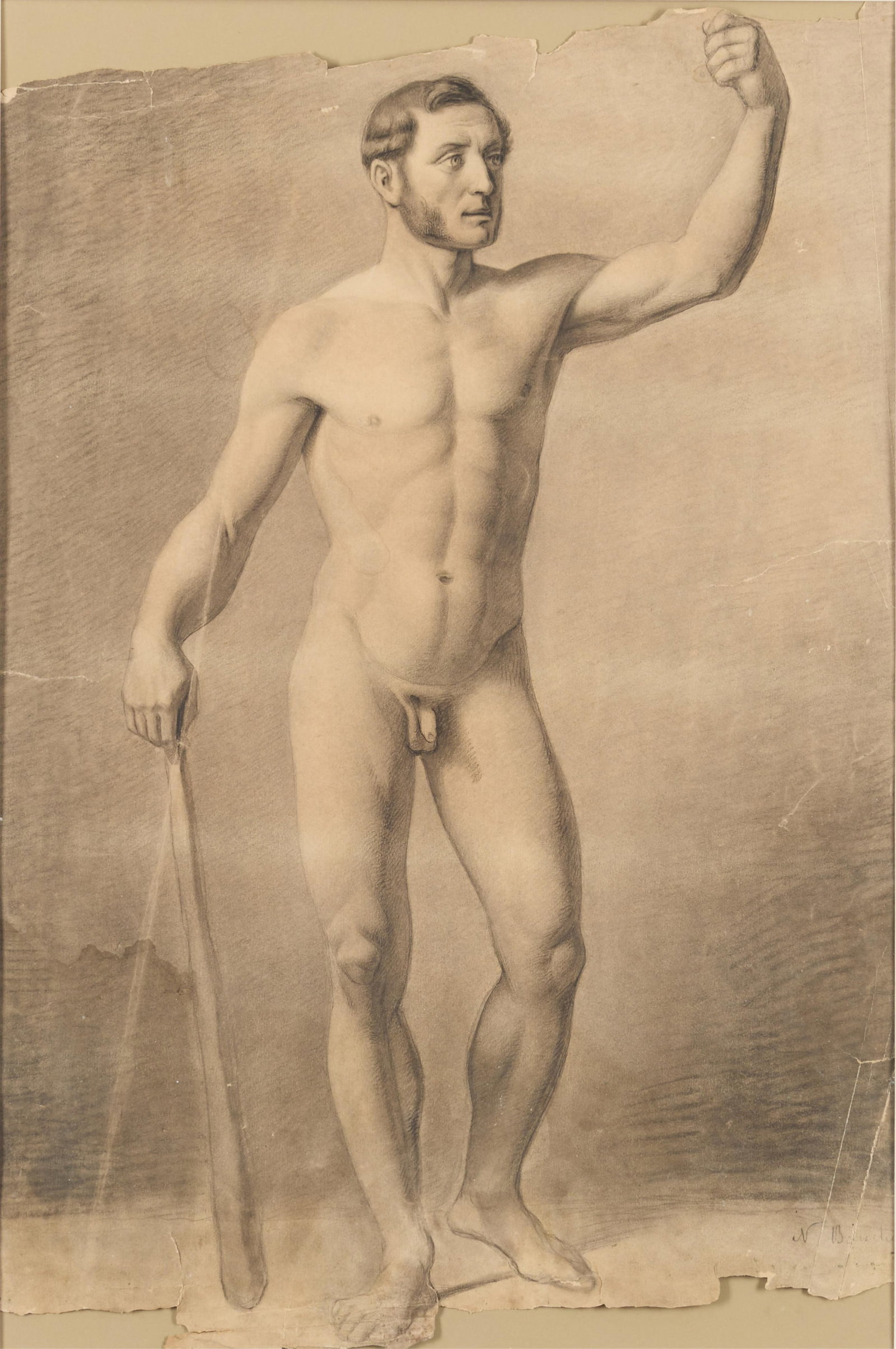 Charcoal Drawing of Nude Man: Charcoal drawing depicting a nude man, possibly posed after a Greco-Roman statue. Pencil signed N.B[?] along the lower right. Sight; height: 23 in x width: 15 in. Framed; height: 36 in x width: 29 in 