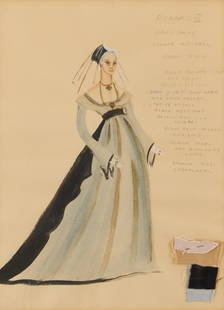 Margaret Harris Richard III Costume Design 1953: Margaret Harris (English, 1904-2000). Watercolor on paper with textile samples depicting a costume rendering for Anne in "Richard III," 1953. Designed by Harris for the Motley Theatre Design Group.