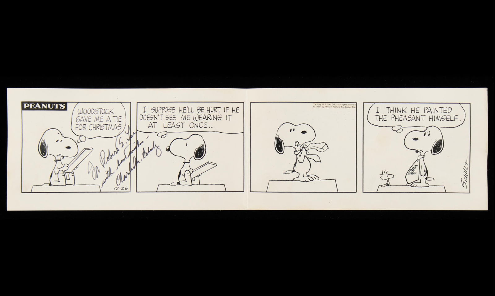 Charles Schulz Original Peanuts Snoopy Drawing: Charles Schulz (American, 1922-2000). Original four panel "Peanuts" comic strip, the daily strip for December 26, 1970. Black ink over pencil on drawing board. Pen signed along the right edge of the l
