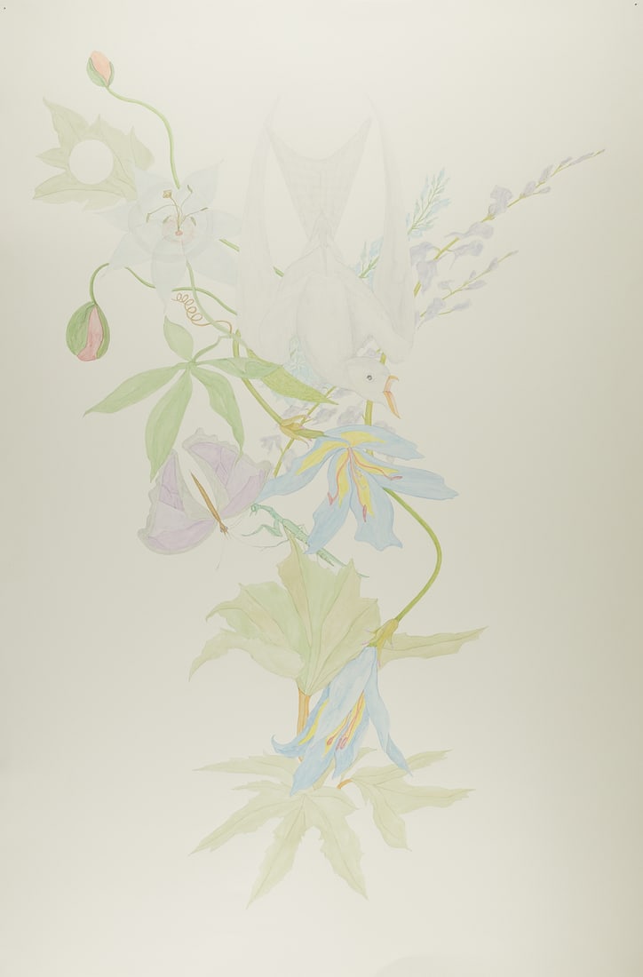 Ed Baynard "White Bird in the Garden" Watercolor: Ed Baynard (American, 1940-2016). Watercolor on paper painting titled "White Bird in the Garden" depicting a bird, butterfly, and praying mantis in flowers, 2005. Pencil signed, titled, and dated alon
