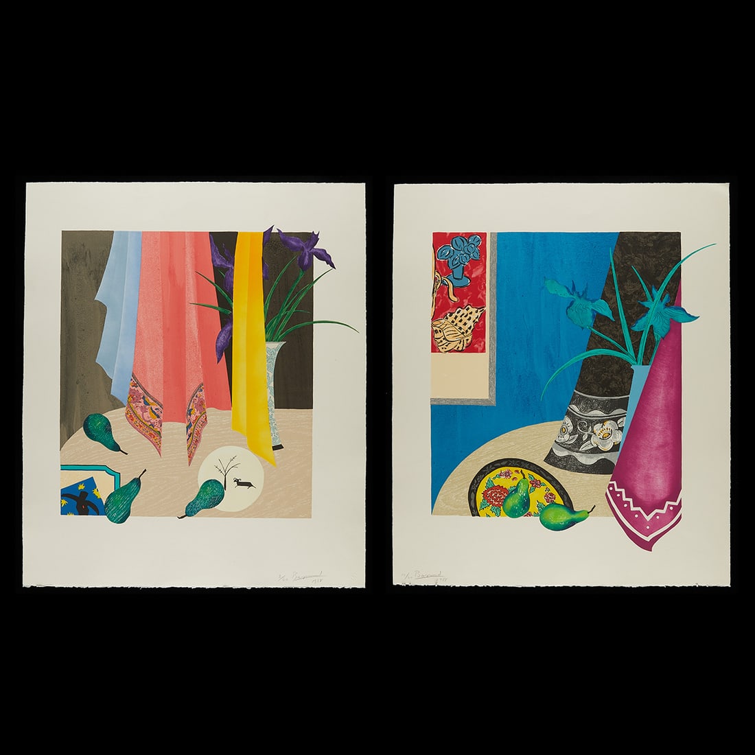 2 Ed Baynard Lithographs on Paper: Ed Baynard (American, 1940-2016). Group of two lithographs on paper depicting a still life with the curtain blowing in the wind. Each are pencil signed. One is editioned 12/60 along the lower left. Th
