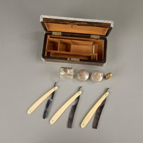 19th c. Anglo Indian Inlaid Box & Shaving Kit