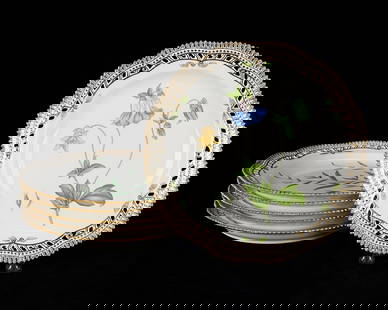 6 Royal Copenhagen Flora Danica Dinner Plates: Royal Copenhagen, Denmark. Set of 6 porcelain "Flora Danica" botanical pattern reticulated dinner plates. Each plate numbered "20" and "3526" along the underside. Marked with Royal Copenhagen's tradem