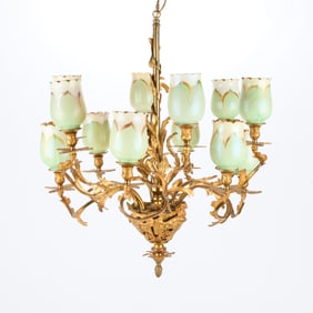 20th c. Quezal Art Glass Pulled Feather Chandelier